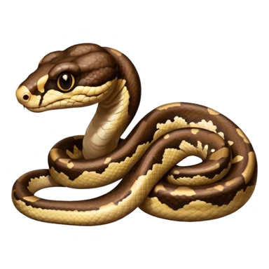 A photo-realistic digital illustration of a Ball Python, chest upward, with a short, rounded head, thick body, and a calm, curious expression. It has a warm brown base color with irregular dark blotches shaped like “alien heads,” and matte-textured scales that emphasize its small, stocky form. sticker