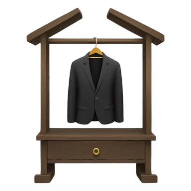Design an emoji-style icon of an open wardrobe with clothes hanging inside. Include details like a wooden frame, hangers, and black clothing items such as shirts or any other clothing . Use a clean and minimalistic design. sticker