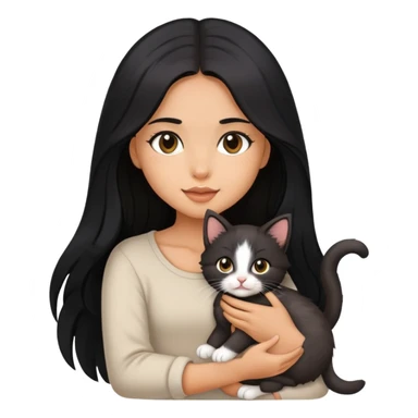Beautiful girl with long black hair holding a cute kitten in her arms sticker