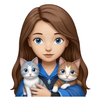 gorgeous Girl with light skin, blue eyes, long brown hair, wears a ravenclaw outfit, with a grey and white cat holding in her arms sticker