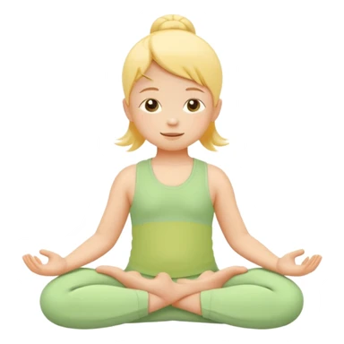 Flat illustration emoji of a small child practicing yoga, simple pose, calm and happy expression, soft pastel colors (yellow, green, soft orange), rounded shapes, minimal details, child-friendly, gentle and warm style, vector illustration, no background, cohesive style with kindergarten branding sticker
