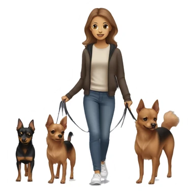 A light brown haired girl, walking one mini black and tan miniature Pinscher and one bigger, fluffy & light brown Spitz on the lead sticker