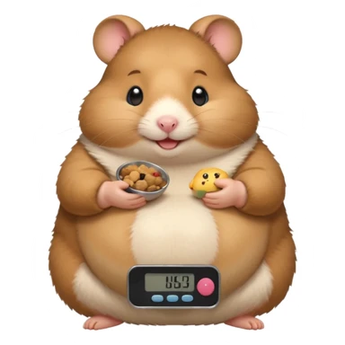 fat hamster holding pregnant belly smiling holding a tiny food scale sticker