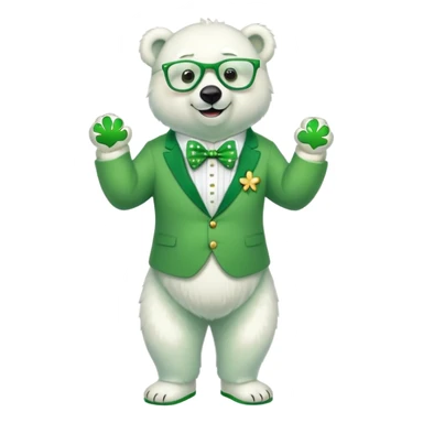 full body friendly anthropomorphised polar bear smiling, wearing large multicolored star-shaped glasses, green bow tie, shamrock pin, festive green shirt, green trainers, St. Patrick's Day sticker