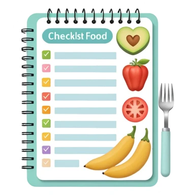 Emoji of checklist notebook with healthy food icons, nutrition planning, flat minimal emoji, pastel colors sticker