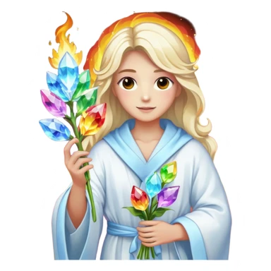 a being made of light of light with a robe on made of light and who is lanky holding a bouquet of crystal flowers on rainbow fire sticker