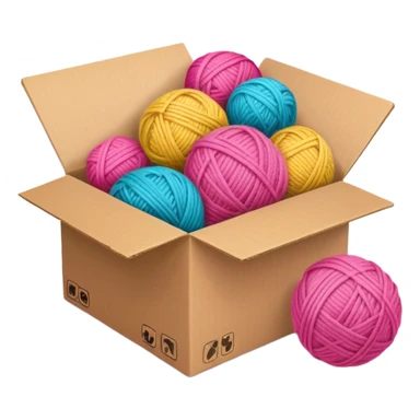 cardboard box with toys, ball of yarn, pink sticker