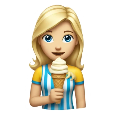 Girl with mid length blonde hair, blue eyes, yellow striped shirt, holding vanilla ice cream cone sticker