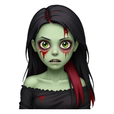 Garota zumbi com cabelo todo preto liso longo e mechas vermelhas na lateral da cabeça dos dois lados, usando uma blusa com um lado da manga caida preta  sticker