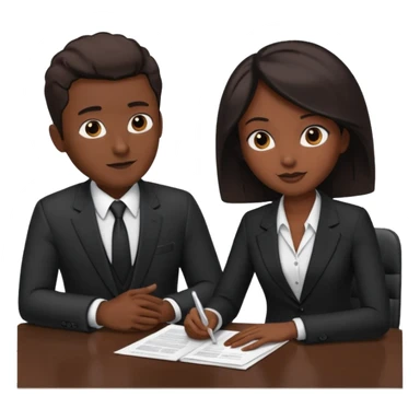 man in formal suit talking to woman in formal suit, they sit, papers in hands on the table sticker