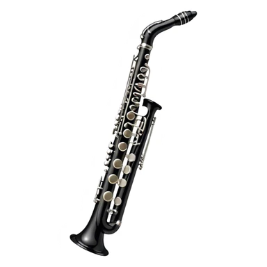 Create a sleek and professional emoji representing a black standard clarinet. The design should feature a smooth, glossy black body of the clarinet with shiny, silver keys clearly visible. Highlight the intricate details of the mouthpiece and reed at the top, while the body of the instrument should remain simple and elegant. Add subtle musical notes or soundwaves floating around the instrument to symbolize its clear, melodic sound. Use black for the body, silver for the keys, and soft lighting effects to give the instrument a polished, sophisticated look. The background should be transparent. sticker