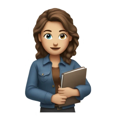 Women with blue eyes and brown hair with a pen and a notebook in her hands sticker