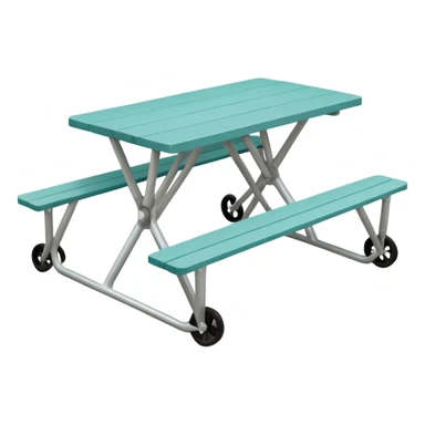 rectangular picnic table with benches, soft teal color, straight vertical legs, wheels underneath, flat wood-style silhouette, clean geometry, minimal shading, theatrical prop sticker