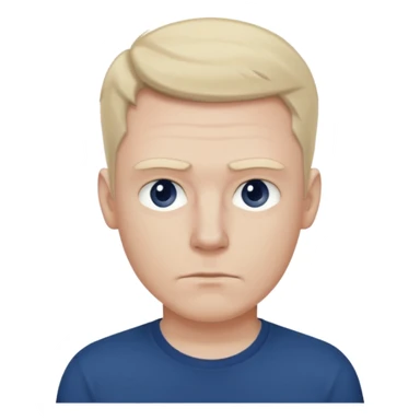 a white man in a dark blue t-shirt with a suspicious look sticker