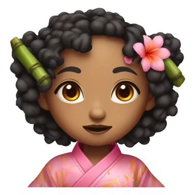a demon girl with curly black orange and pink eyes with a pink kimono and a bamboo  sticker