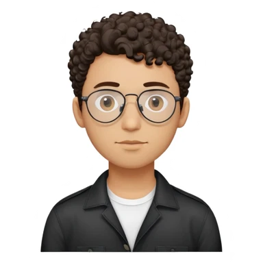 Man with small face and prominent forehead, teardrop-shaped aviator glasses, totally shaved sides with very minimal dark curly hair only on top, light brown complexion, gentle expression, black button-up shirt sticker