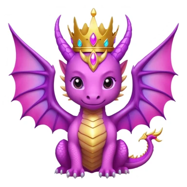 cute pink dragon queen with golden crown, big wings, glowing purple and pink aura, sparkling eyes, epic kawaii fantasy style, bold outline, high contrast, transparent background, twitch badge sticker