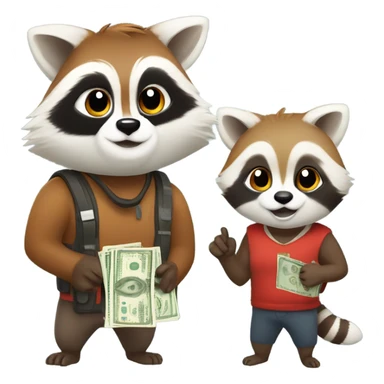 1 male raccoon and 1 female red panda each holding a bag of cash sticker