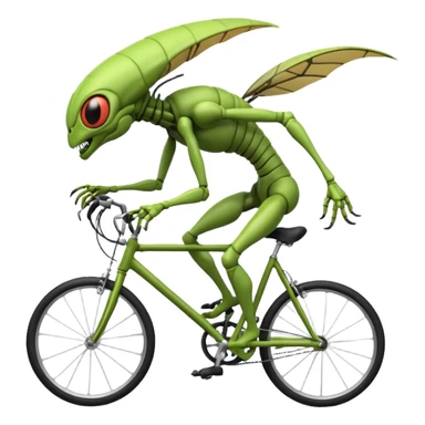insectoid alien riding a bicycle, bug-like eyes, segmented limbs, strange but fun cycling pose, sci-fi creature vibe, 3D cartoon, mobile game icon style, clean background, no text, no watermark
 sticker