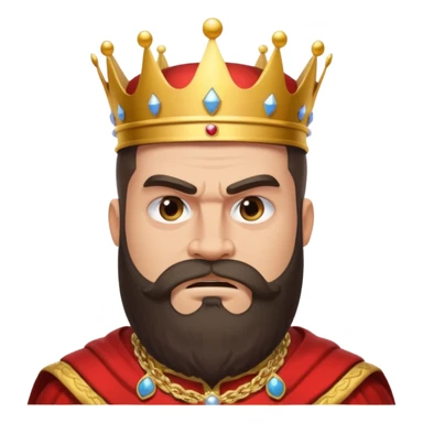 vull un perosnatge estil bimoji que sigui alt i fort amb una musculatura marcada i poderosa. Té una barba espessa i el cabell arriba fins a l'alçada del coll. Se'l representa amb la indumentària real i una corona al cap. Que tingui cara d'enfadat. sticker