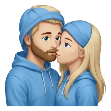 Long-pale-blonde hair, beautiful girl with blue eyes-wearing a light blue hoodie, facing, kissing brownish hair and beard boy blue eyed white guy sticker