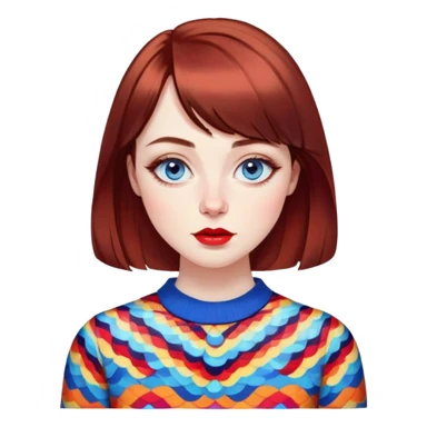 Artistic young woman with pale skin, oval face, large expressive blue eyes with eyeliner, thin arched eyebrows, small nose, full lips with red lipstick, dark auburn hair that's straight with slight waves at ends, straight bangs, wearing a bright colorful patterned top, warm creative expression sticker