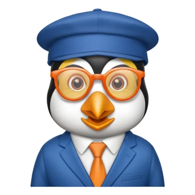 penguin wearing  orange glasses and cap and suit, the cap's left side and right side is yellow and middle side is blue sticker