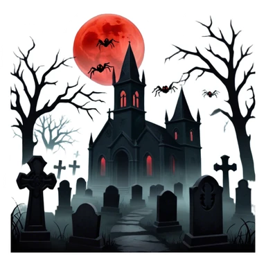 Icon for Horror Movies: A chilling collage with dark silhouettes of monstrous figures, eerie graveyards, and creepy elements like spiders and tombstones. Ghostly fog surrounds, with a blood-red moon in the sky. The mood is unsettling, eerie, and haunting. Transparent background. sticker