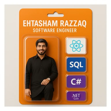 Create a realistic action figure toy of the person in the photo, packaged in a strong orange card blister pack. The figure is inside its own blister. Next to the figure, include four separate blisters, each containing one piece of equipment: 1) a React logo, 2) a SQL logo, 3) a C# logo, 4) a .NET Core logo. Each equipment is in its own individual blister, do not repeat any equipment. On top of the box, write 'Ehtasham Razzaq' and underneath it, 'Software Engineer'. The entire scene should look like a real, professionally packaged action figure toy. The style should be photorealistic and realistic as a real toy packaging. sticker