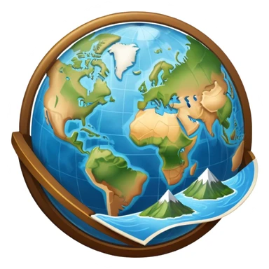 An icon featuring a globe, a compass, and a map, symbolizing geography. The design includes mountain ranges, rivers, and continents, representing the study of Earth’s landscapes and environments. Transparent background highlights the exploration and understanding of the world’s geography. sticker