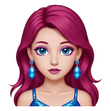 Chappell Roan (b.1998) with long dark red hair, pink sequin crop top, pink earring, blue eye, makeup sticker