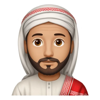 detailed iPhone-style emoji of a Saudi man with round cartoon face, short beard, brown eyes, wearing white thobe and red-and-white shemagh with black agal, both hands gently shown sticker