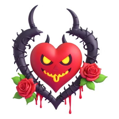 3D emoji devil heart, dark purple glass, twisted devil horns, spade tail, black roses entwined, crescent moon above, neon lightning, heavy rain, splintered glass, blood oozing from cracks sticker