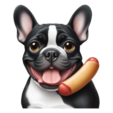 Black & white frenchie eating a sausage sticker