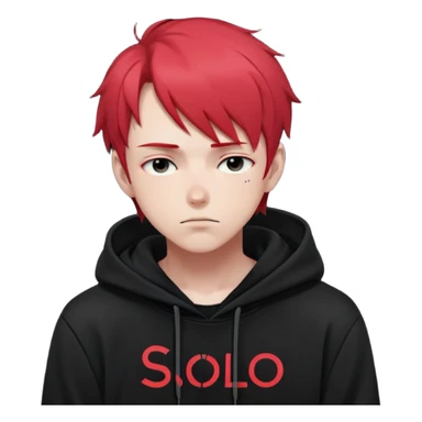 "Sleepy-faced anime man with short neon red hair, wearing a black hoodie with 'SOLO' written on it, dark moody monochrome tone" sticker