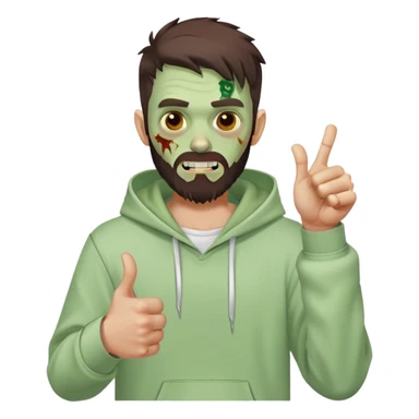 zombie with thumbs up gesture, undercut hairstyle with dark brown hair, short full beard, wearing plain white hoodie sticker