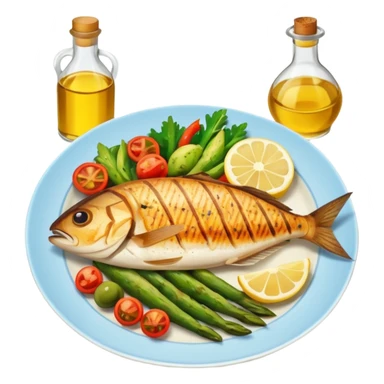 plate with fish, vegetables, and olive oil bottle sticker