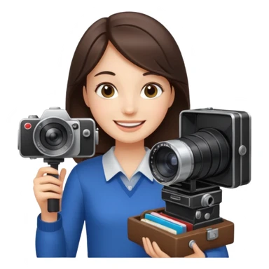 A brunette girl , she’s a proud and successful filmmaker 🍿🌍✨ she’s next to a tall, set camera, / holding awards  sticker