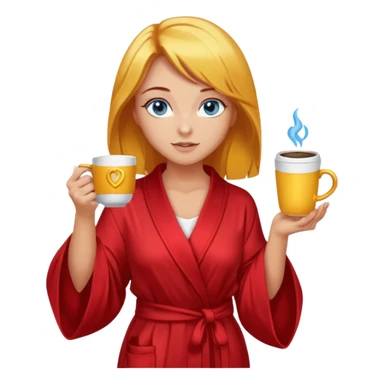 lightly tanned skin, blue eyes, cute and sexy girl with bright yellow-brown hair in a few shades of red robe, golden rings, slight cute makeup, full body, slightly turned aside pose, holding a coffee mug sticker