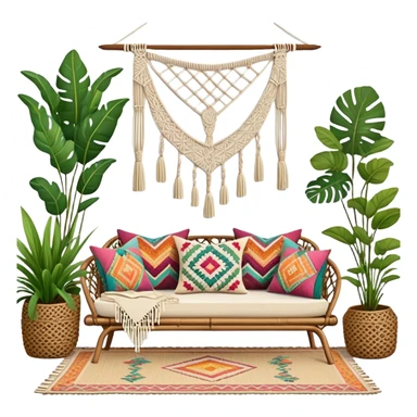 cozy bohemian living room with macrame wall hanging, plants, rattan furniture, and colorful cushions sticker