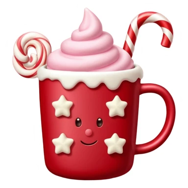 hot chocolate with pastel pink marshmallows in red christmas mug with stars and candy cane, trendy aesthetic sticker