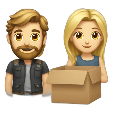 Blond bearded developer and brown hair girl in box sticker