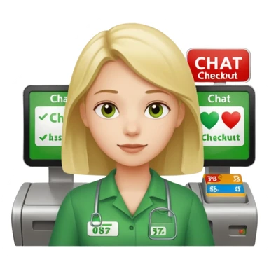 Eine Person die an der Supermarktkasse steht. Die Kasse ist gekennzeichnet als "Plauderkasse" und im grünen Design. sticker