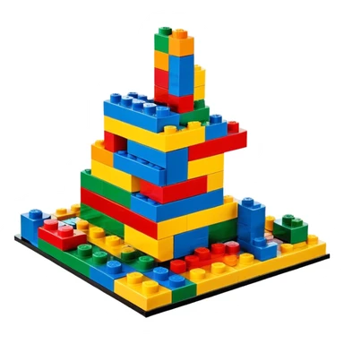 A photorealistic icon featuring colorful LEGO bricks in the process of being assembled into a structure, with a few partially built pieces. bright design, detailed textures of the bricks and the building process, capturing the creativity and fun of LEGO construction. Transparent background. sticker