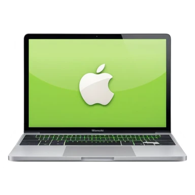 A macbook laptop front facing with its screen showing lime green screen with white paper overlapping outside the monitor . sticker