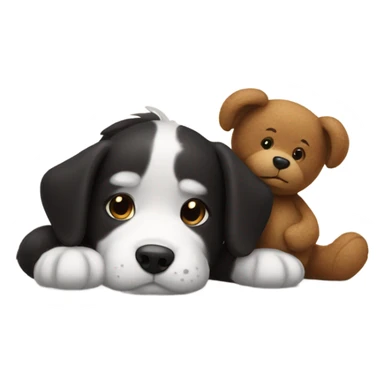Black and white dog laying next to brown teddy bear sticker