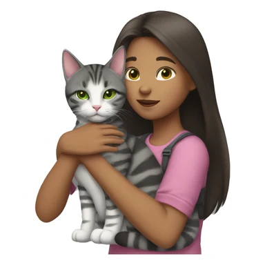 A girl with dark brown hair hugs a gray tabby cat with a pink nose and green eyes. The girl's face is not visible sticker