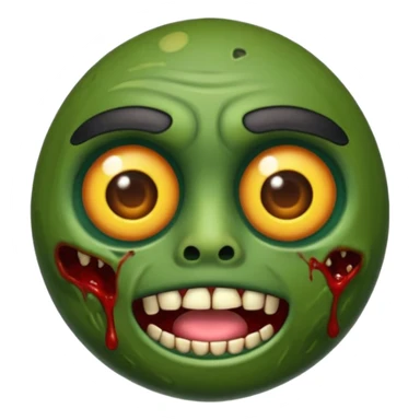 emoji de zumbi realista estilo 3D, pele verde podre, cicatrizes, olhos brilhando, expressão assustadora, fundo transparente sticker