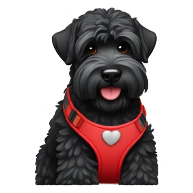 Black Russian terrier with cute smiling face and red harness sticker