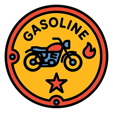 circular motorcycle gas cap design, transparent background, text 'GASOLINE', motif: motorcycle, flame, star, classic style sticker
